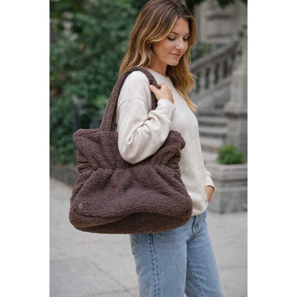 Zella Brown Sherpa Tote Bag Cozy Teddy Fleece Large Carryall